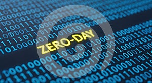 Zero day exploit highlighted in binary code on a digital screen representing cybersecurity threat