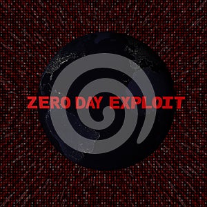 Zero Day Exploit text with earth by night and red hex code illustration