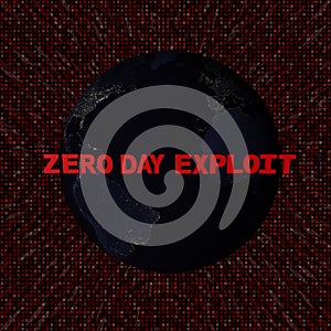 Zero Day Exploit text with earth by night and red hex code illustration photo