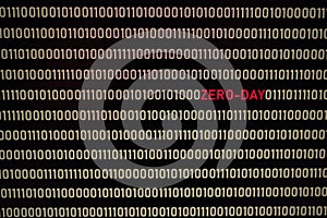 ZERO-DAY text and binary code concept from the desktop computer screen.