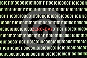ZERO-DAY text and binary code concept from the desktop computer screen.