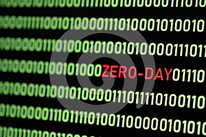 ZERO-DAY text and binary code concept from the desktop computer screen.