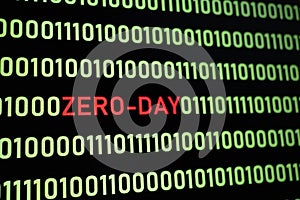 ZERO-DAY text and binary code concept from the desktop computer screen.