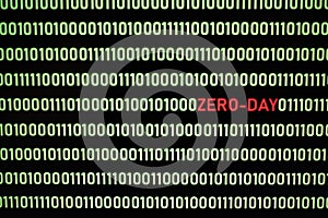 ZERO-DAY text and binary code concept from the desktop computer screen.