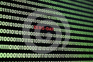 ZERO-DAY text and binary code concept from the desktop computer screen.