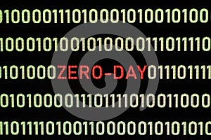 ZERO-DAY text and binary code concept from the desktop computer screen.