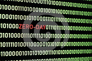ZERO-DAY text and binary code concept from the desktop computer screen.