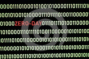 ZERO-DAY text and binary code concept from the desktop computer screen.