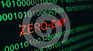 Zero day vulnerability warning displayed on a digital screen with binary code