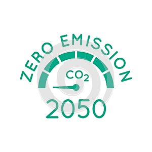 Zero emission by 2050. Gauge arrow set to zero. Carbon neutral.