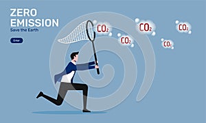 Zero emission concept design. Man uses butterfly net to catch gas carbon dioxide symbol, vector illustration