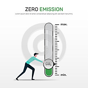 Zero emission concept. A Man turning gauge arrow pointer to lowest level of CO2. New energy to decarbonize industry, energy and photo