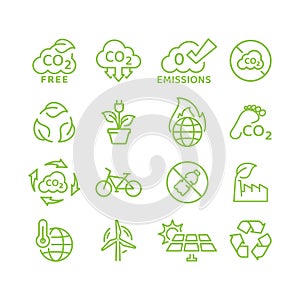 Zero emissions, carbon footprint reduction vector icon set