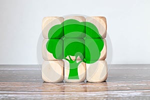 Zero emisson, ecological and net zero concept. Eco friendly symbols with green leaves on wooden cubes.