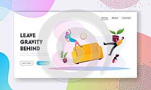 Zero Gravity or Antigravity Landing Page Template. Characters Freeze Hanging in Air with House Accessories, Floating