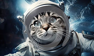 In zero gravity, a space-faring cat in a suit gracefully navigates the celestial realm