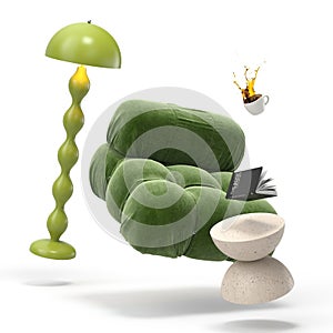 Zero gravity white interior living room 3 D Illustration