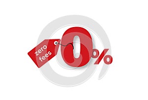 Zero percent fees clipart. Red marketing symbol with attached label and giveaway.