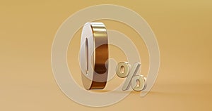 Zero percentage gold sign and sale discount on golden background with special offer rate. 3D rendering.