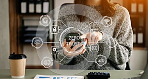 Zero trust security concept Person using computer and tablet with zero trust icon on virtual screen of Data businesses