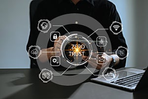 Zero trust security concept Person using computer and tablet with zero trust icon on virtual screen of Data businesses.in modern