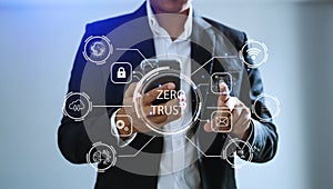 Zero trust security concept Person using computer and tablet with zero trust icon on virtual screen of Data businesses.in office