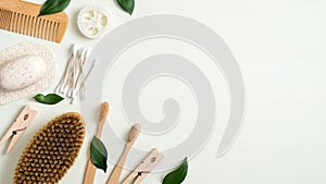 Zero waste bathroom accessories. Eco store banner template with bamboo toothbrushes, hair comb, bath peeling brush, luffa sponge,
