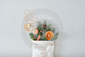 Zero waste Christmas composition from a bag. minimalist style wrapping, top view