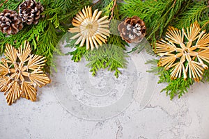 Zero waste Christmas concept flat lay. Beautiful background Christmas trees and decorations. Celebrating the winter