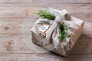 Zero waste Christmas concept, handmade gift box, furoshiki style