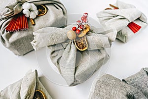 Zero waste Christmas, Furoshiki gifts from linen.