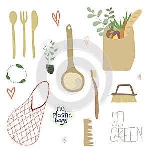 Zero Waste collection durable and reusable items. Eco friendly elements in flat cartoon style. Vector illustration