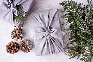 Zero waste concept, Christmas wrapped gift by linen fabric