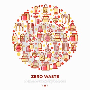 Zero waste concept in circle with thin line icons: menstrual cup, safety razor, glass jar, natural deodorant, hand coffee grinder