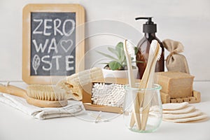 Zero waste concept. Eco-friendly bathroom accessories, copyspace