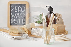 Zero waste concept. Eco-friendly bathroom accessories, copyspace photo