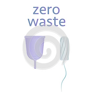 Zero waste concept poster. Tampons vs menstrual cup vector illustration