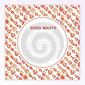 Zero waste concept with thin line icons: menstrual cup, safety razor, glass jar, french press, metal scissors, bath body brush,