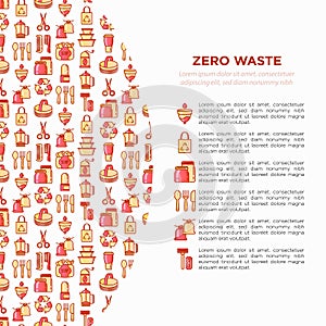 Zero waste concept with thin line icons: menstrual cup, safety razor, glass jar, natural deodorant, hand coffee grinder, french