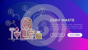Zero waste concept with thin line icons: menstrual cup, safety razor, recycled bags. Modern vector illustration, web page template