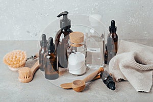 zero waste eco friendly cleaning concept. wooden brushes, baking soda, vinegar