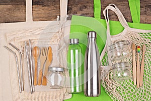 Zero waste Zero waste eco friendly reusable objects such as linen shopping bags and glass jars photo