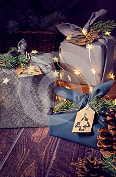 Zero Waste, eco-friendly, sustainable furoshiki style wrapped Christmas Gifts photo