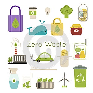 Zero waste flat illustrations set. Green energy, no plastic and minimalist living.