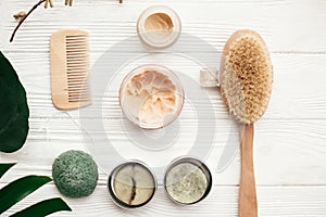 Zero waste flat lay. Natural solid shampoo, wooden brush, deodo