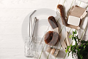 Zero waste food cleaning. eco natural coconut soap and brushes f photo