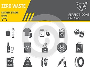 Zero waste glyph icon set, recycle collection, vector graphics, logo illustrations, zero waste vector icons, environment
