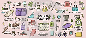 Zero waste hand drawn colored doodles. Green city, eco living, reuse and reduce.