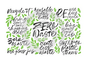 Zero waste handwritten vector letterings set with leaves. Reduce, reuse, recycle, say no to plastic, create less waste.