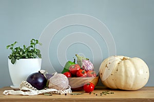 Zero waste healthy food-cereals, seeds, vegetables flat lay on grey background. Groceries in textile bags,glass jars